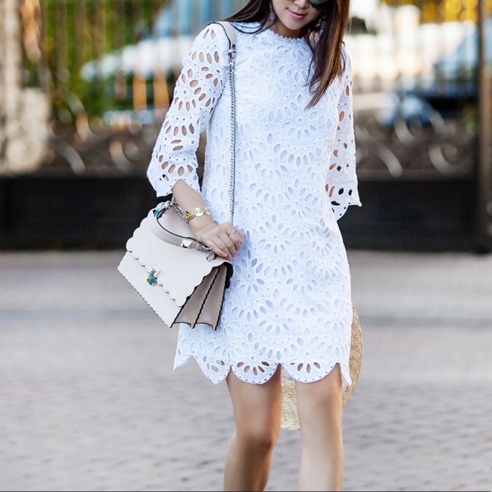 Ann Taylor white scallop eyelet shirt dress